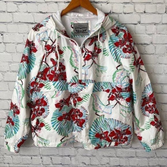 Levi's Floral Print Cropped Windbreaker Hoodie Size XL Jacket Pullover Retro - Picture 2 of 10